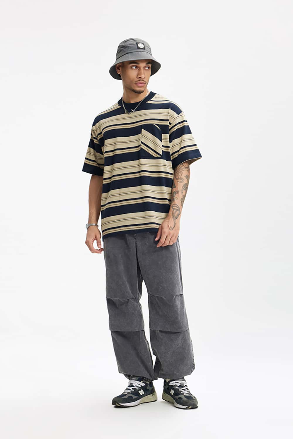 Loose Striped Short Sleeve T-Shirt with Pocket