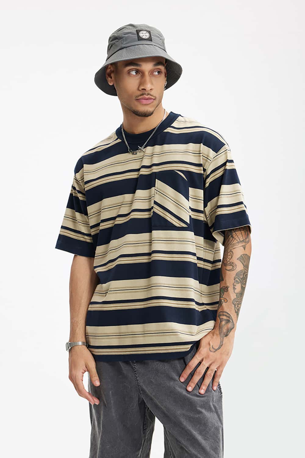 Loose Striped Short Sleeve T-Shirt with Pocket
