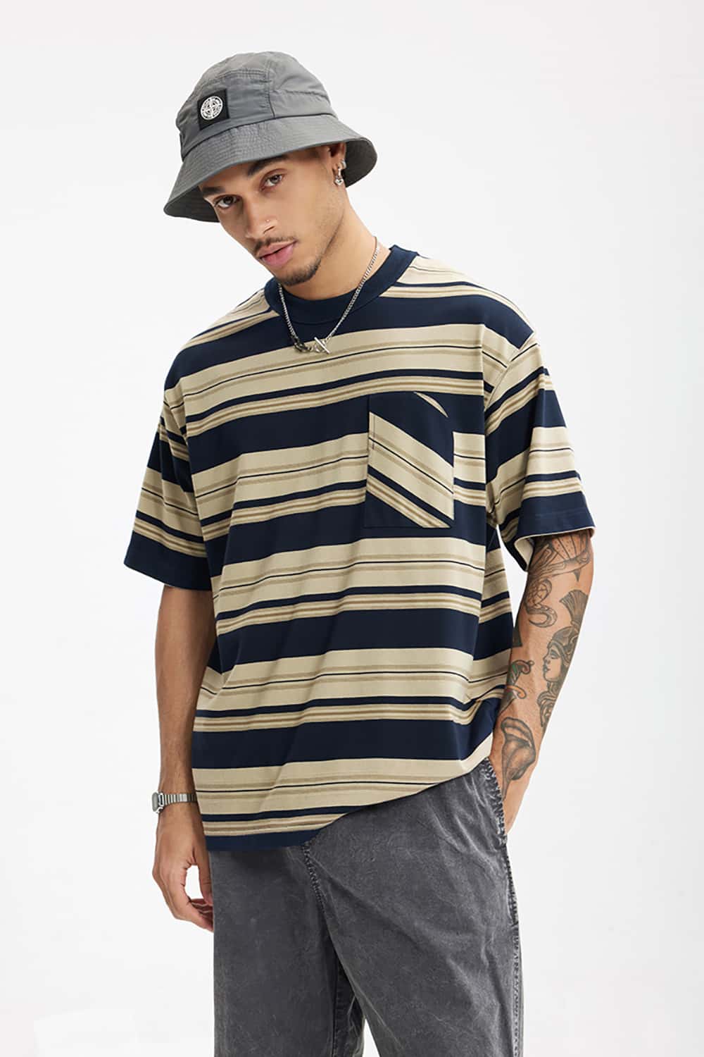 Loose Striped Short Sleeve T-Shirt with Pocket