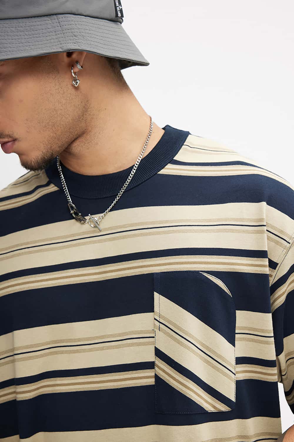 Loose Striped Short Sleeve T-Shirt with Pocket