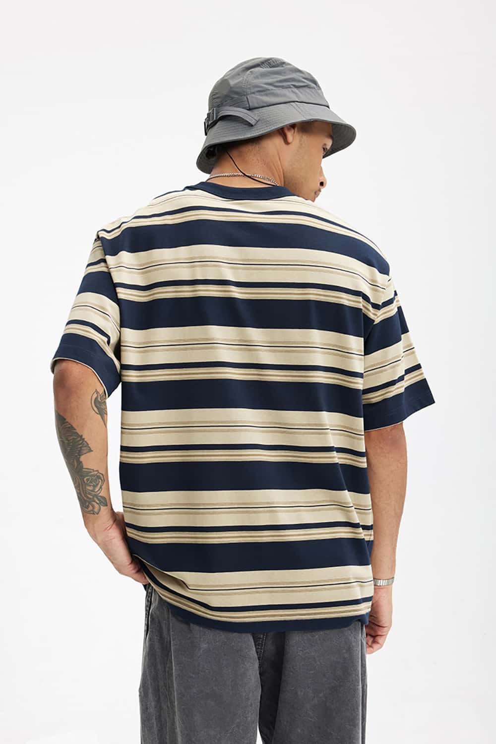 Loose Striped Short Sleeve T-Shirt with Pocket