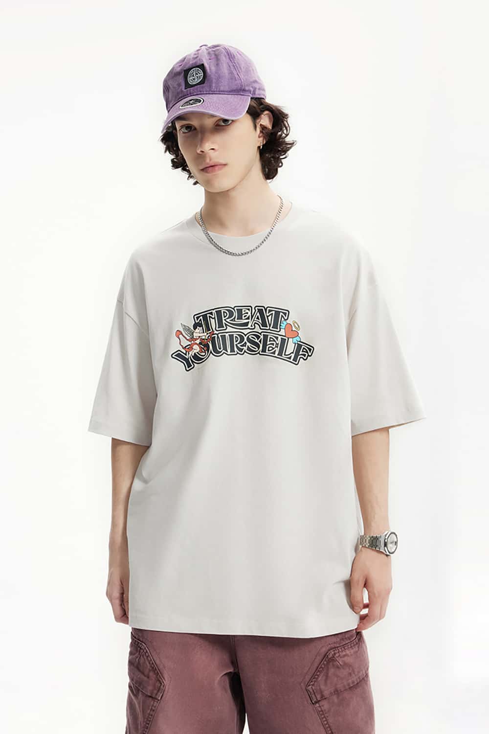 Loose Cotton Streetwear T-Shirt with "Treat Yourself" Print
