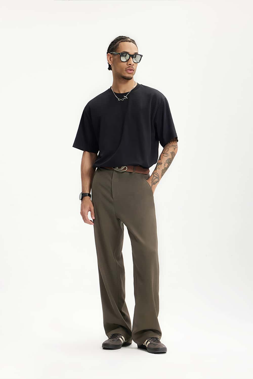 High-Waisted Draped Casual Trousers with Pockets - Elegant Streetwear