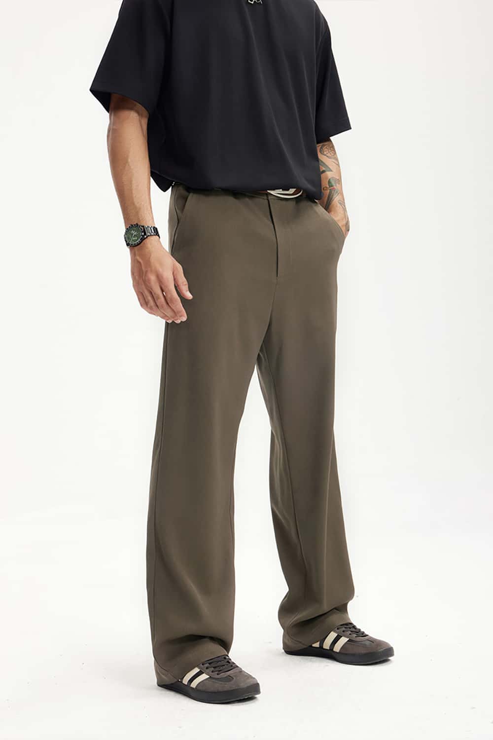 High-Waisted Draped Casual Trousers with Pockets - Elegant Streetwear