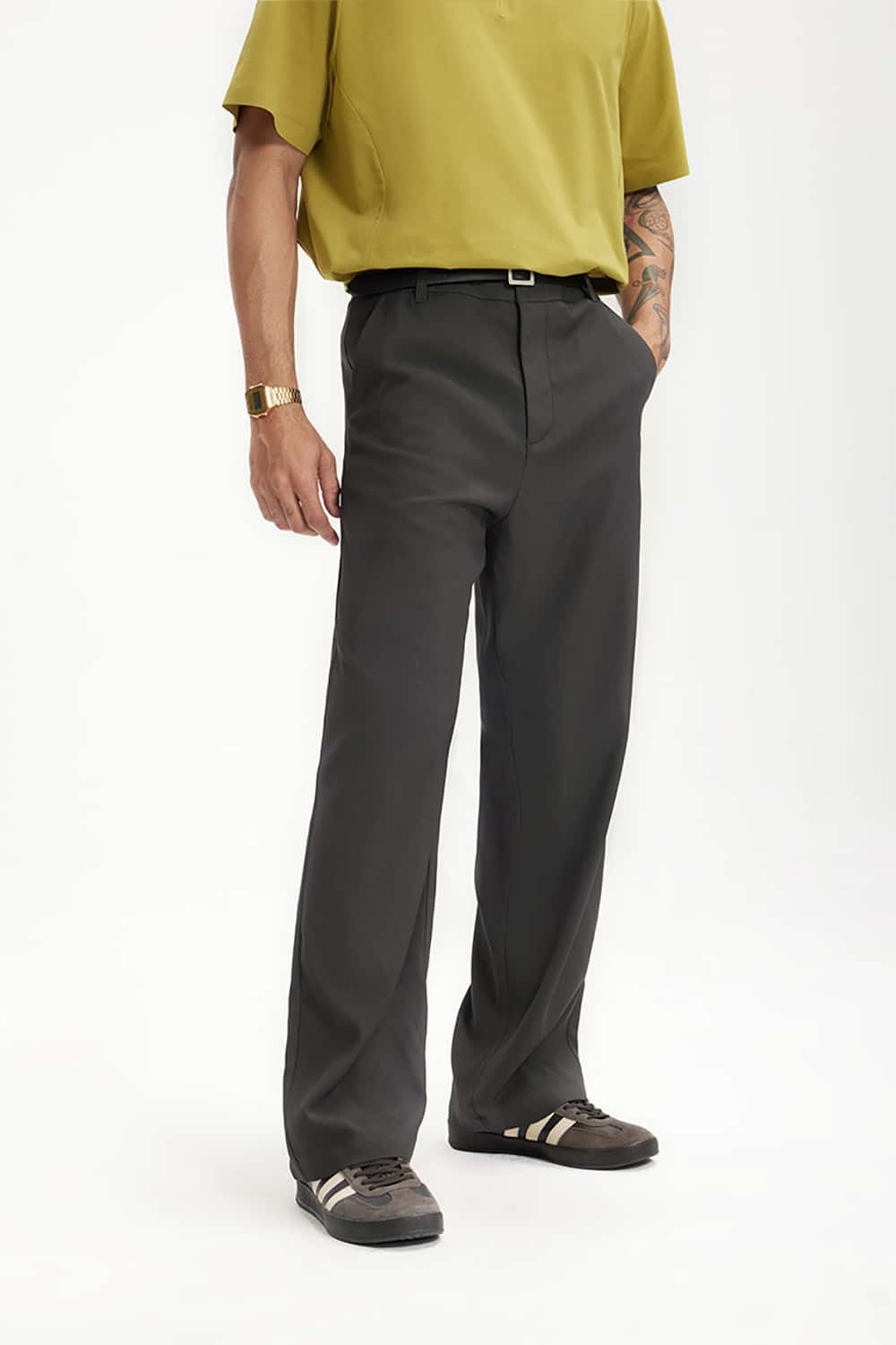 High-Waisted Draped Casual Trousers with Pockets - Elegant Streetwear