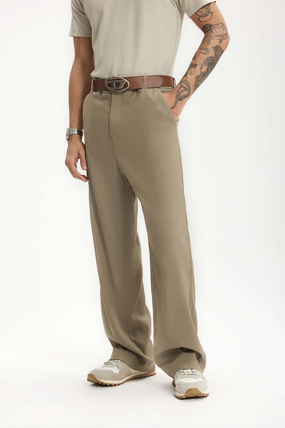 High-Waisted Draped Casual Trousers with Pockets - Elegant Streetwear