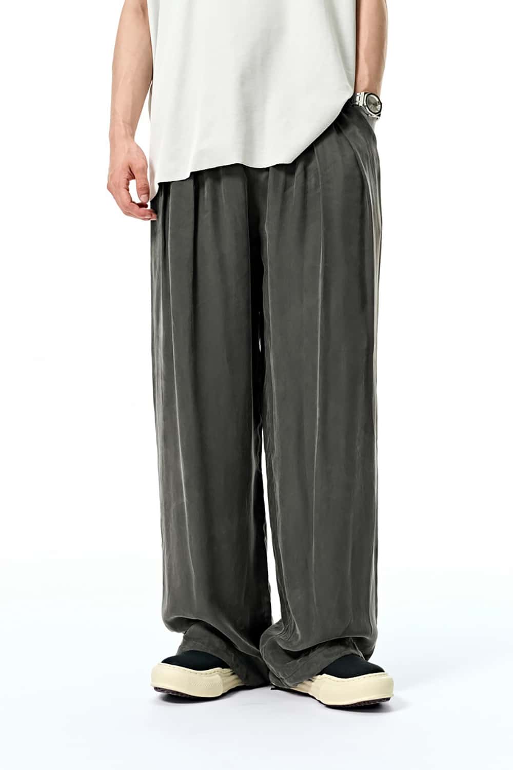 Luxurious Copper Ammonia Silk Wide-Leg Pants with Draped Texture
