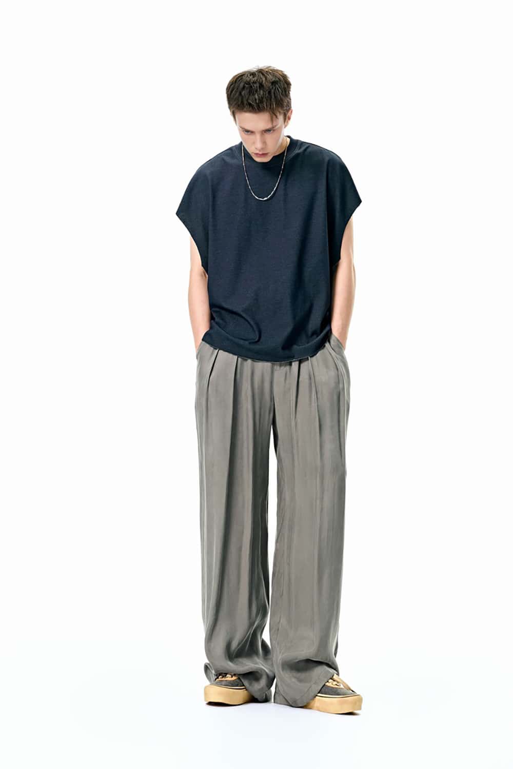 Luxurious Copper Ammonia Silk Wide-Leg Pants with Draped Texture