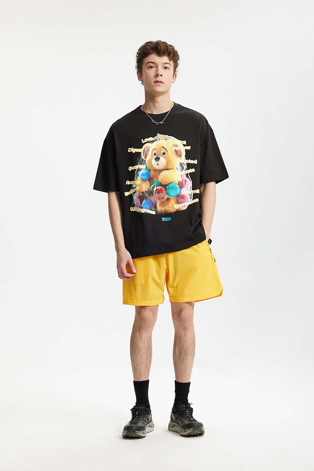 Playful Teddy Bear Print T-Shirt - 200G Street Casual Short Sleeve