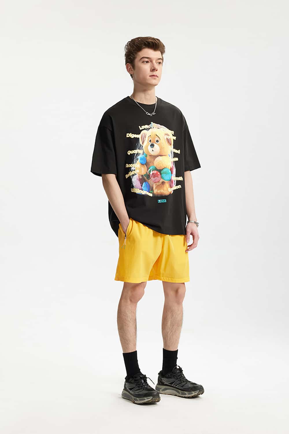 Playful Teddy Bear Print T-Shirt - 200G Street Casual Short Sleeve