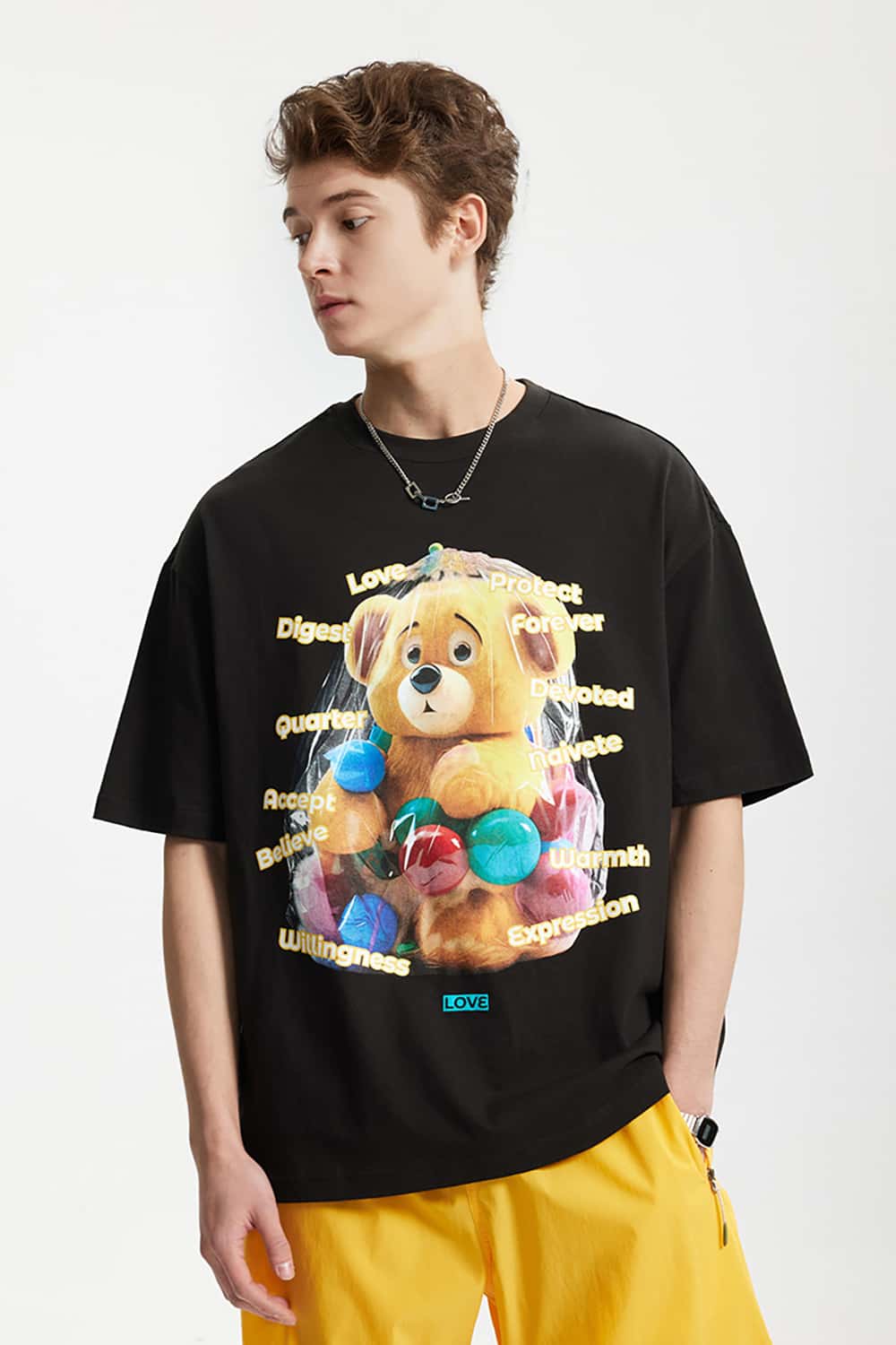 Playful Teddy Bear Print T-Shirt - 200G Street Casual Short Sleeve