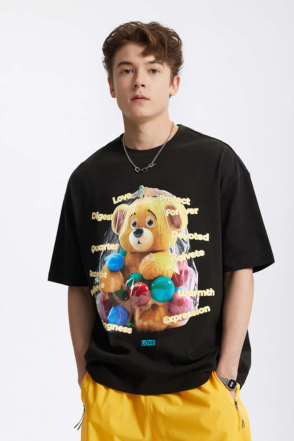 Playful Teddy Bear Print T-Shirt - 200G Street Casual Short Sleeve