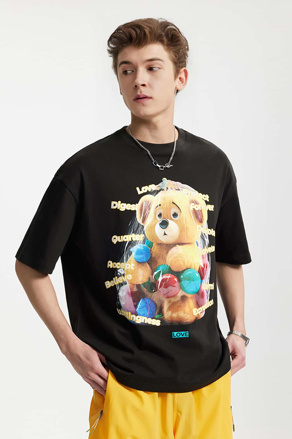 Playful Teddy Bear Print T-Shirt - 200G Street Casual Short Sleeve