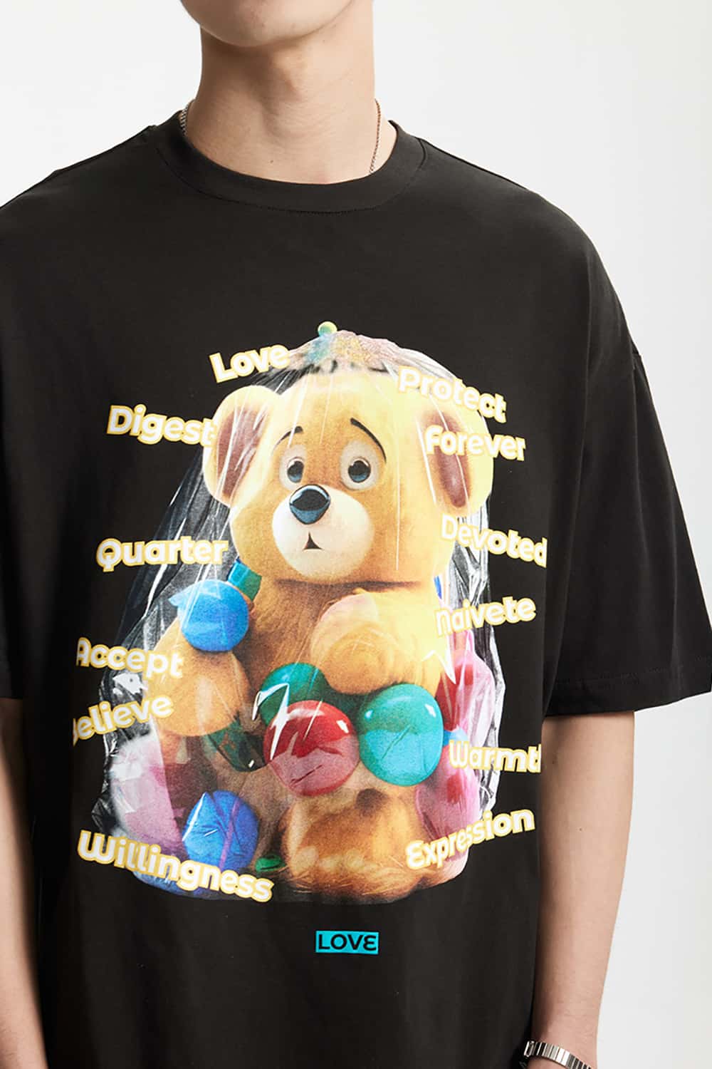 Playful Teddy Bear Print T-Shirt - 200G Street Casual Short Sleeve