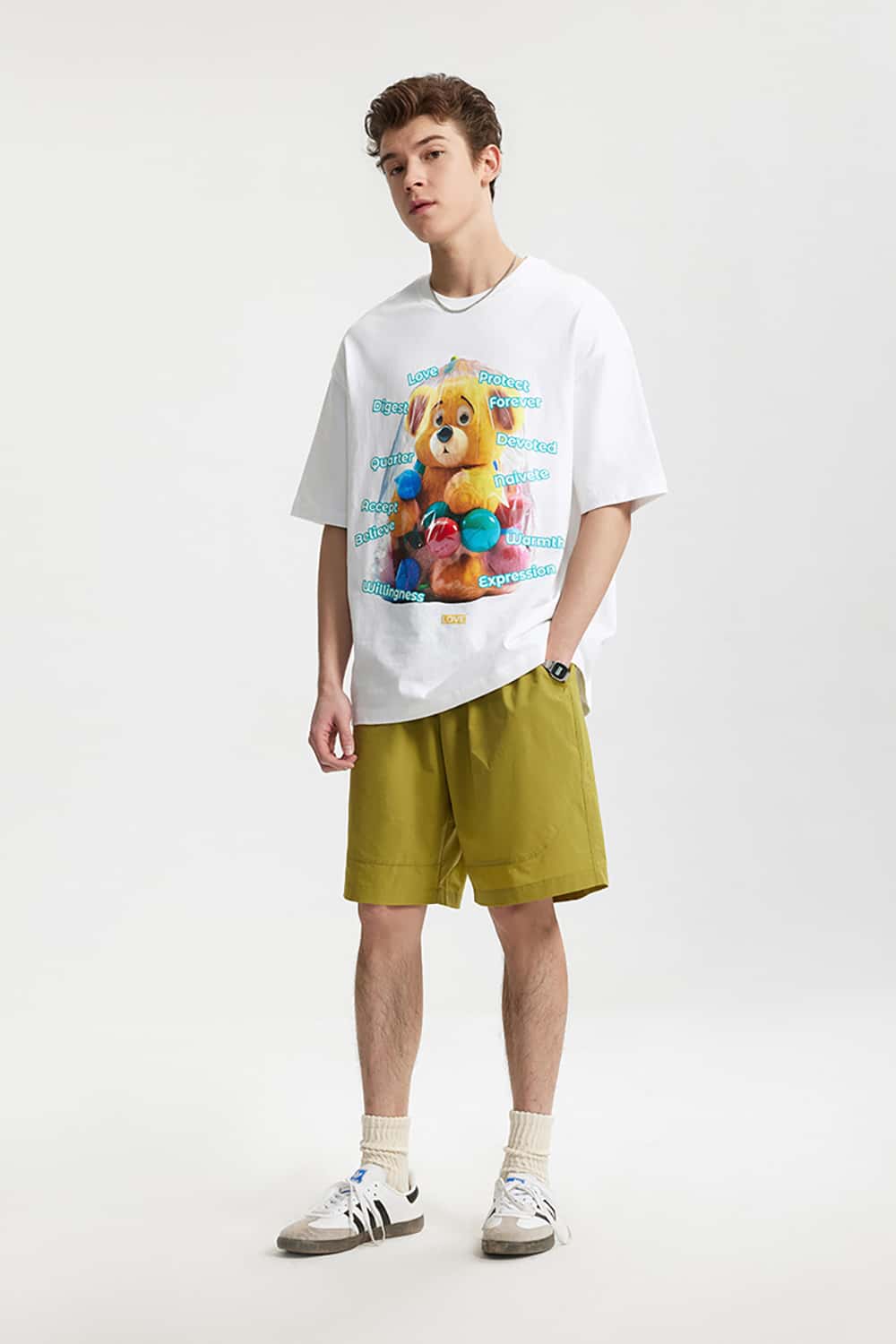 Playful Teddy Bear Print T-Shirt - 200G Street Casual Short Sleeve