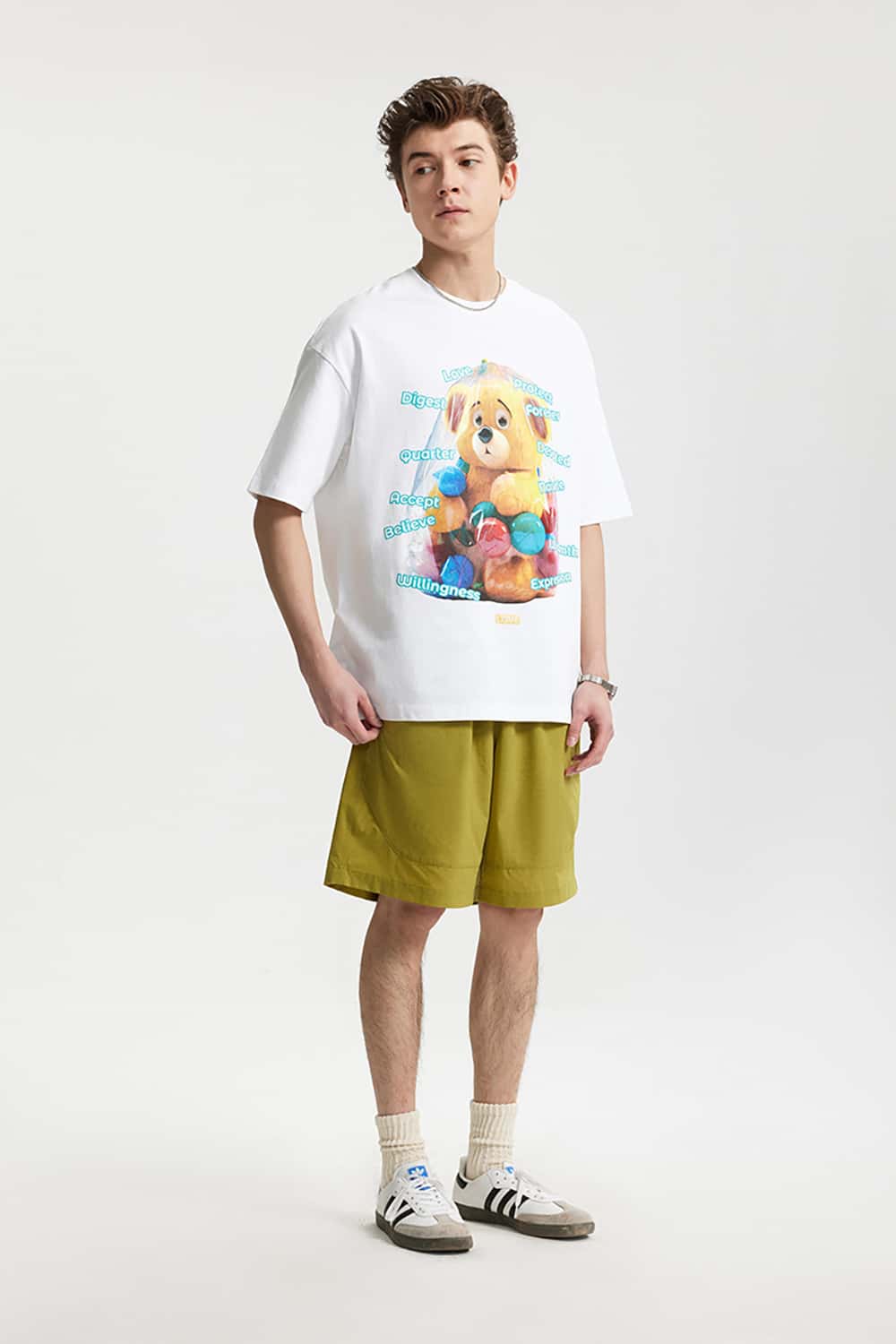 Playful Teddy Bear Print T-Shirt - 200G Street Casual Short Sleeve