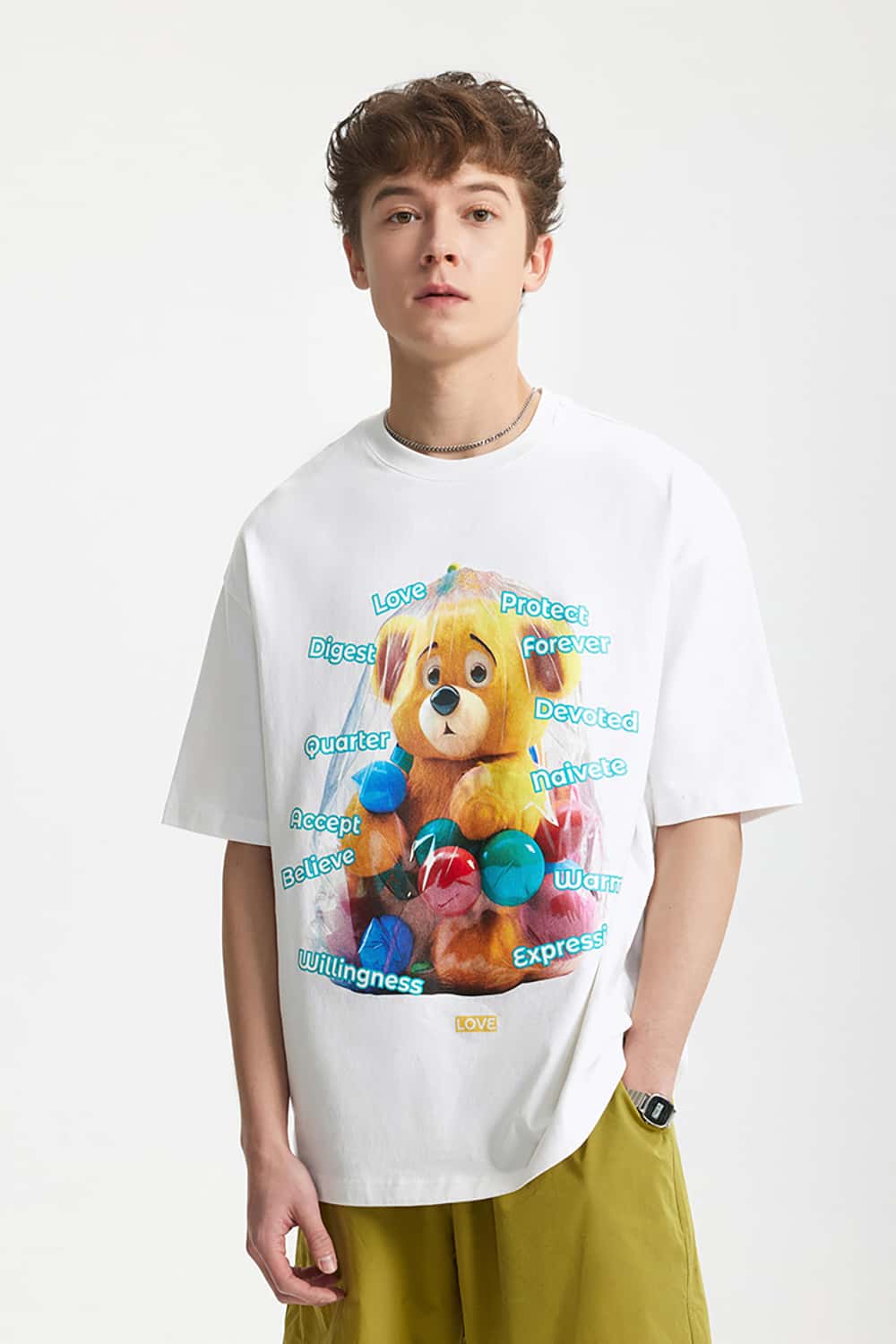 Playful Teddy Bear Print T-Shirt - 200G Street Casual Short Sleeve