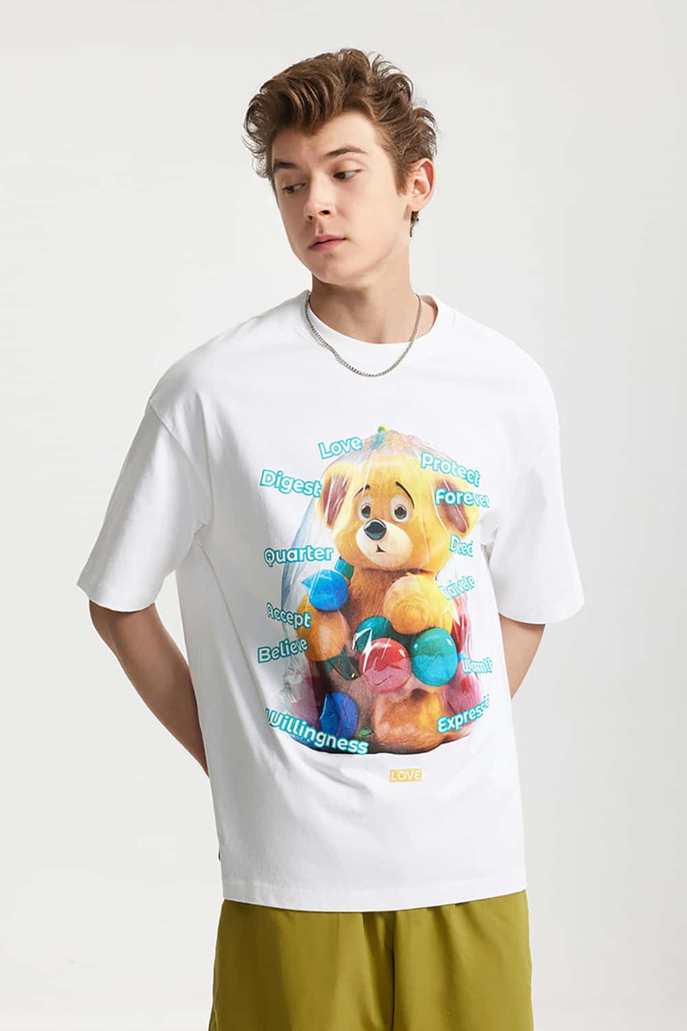 Playful Teddy Bear Print T-Shirt - 200G Street Casual Short Sleeve
