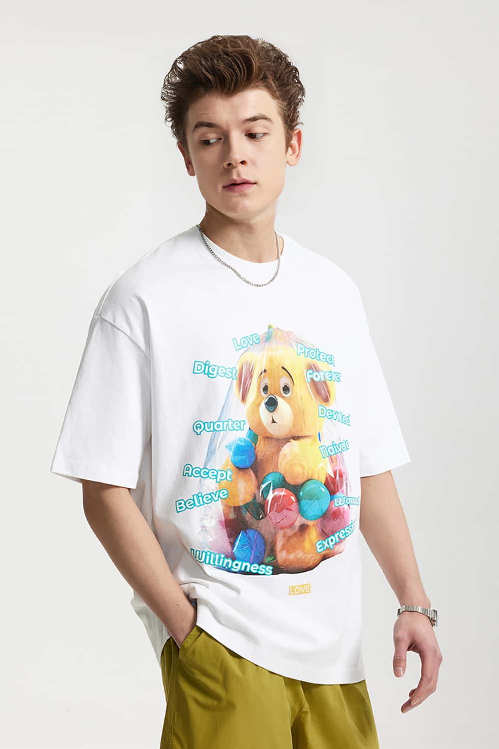 Playful Teddy Bear Print T-Shirt - 200G Street Casual Short Sleeve