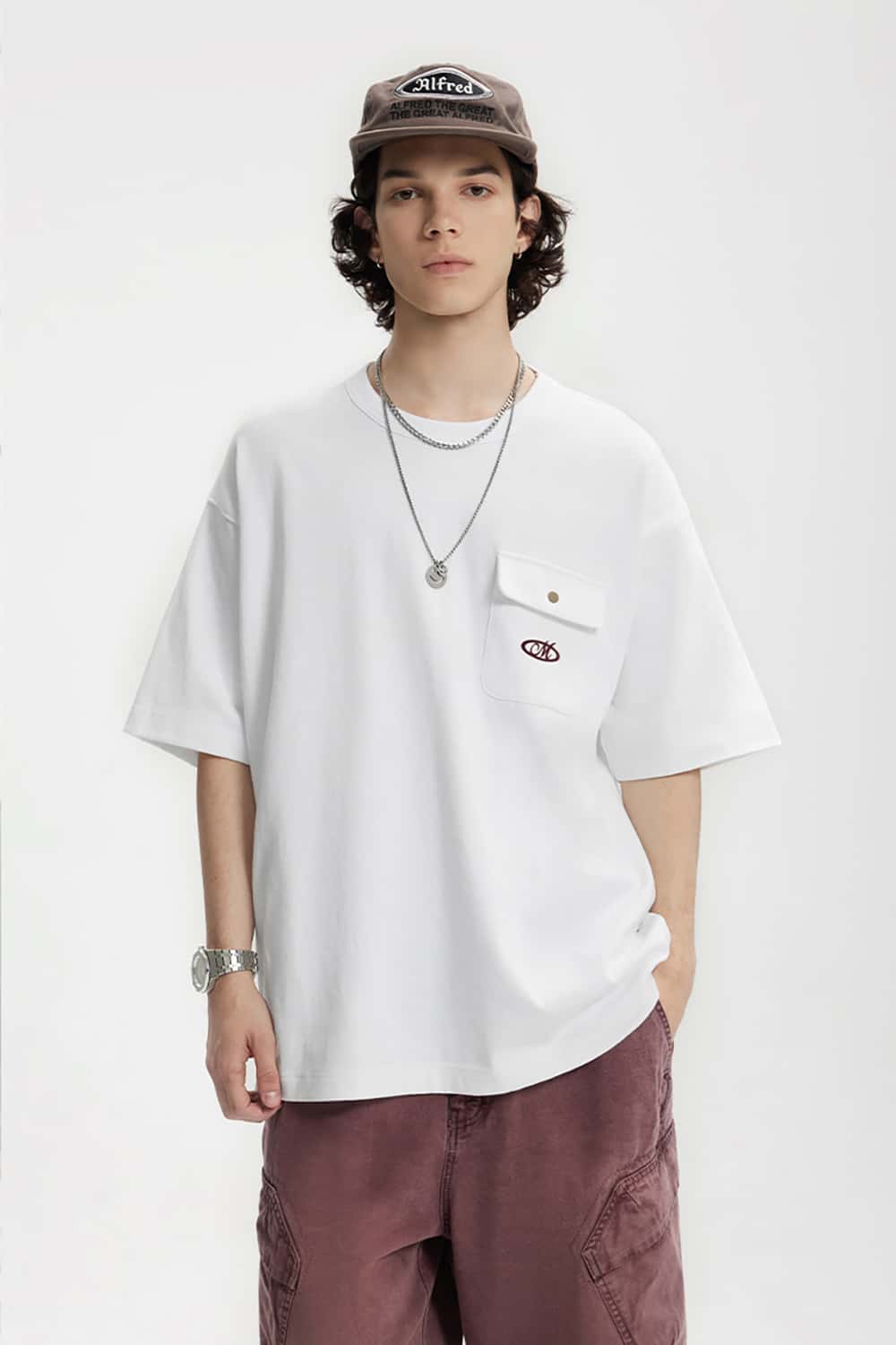 Vintage Heavyweight Pocket Flock Print T-Shirt - Loose Fit Short Sleeve