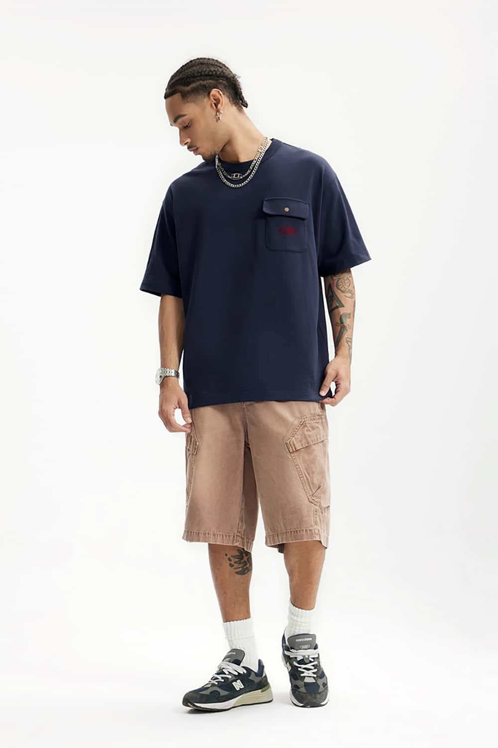 Vintage Heavyweight Pocket Flock Print T-Shirt - Loose Fit Short Sleeve