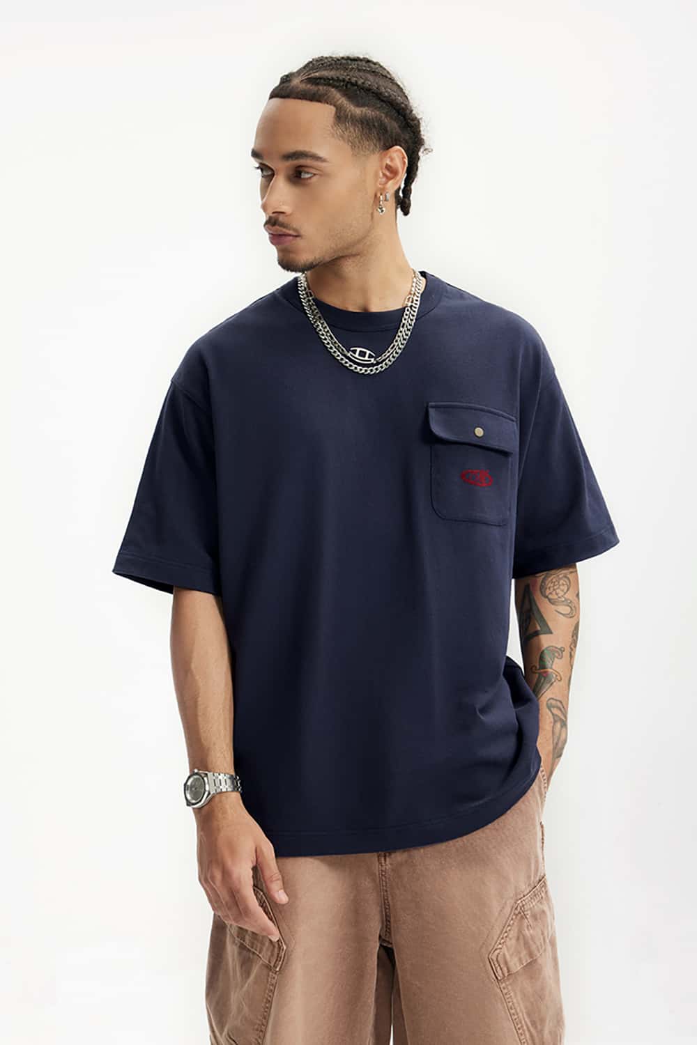 Vintage Heavyweight Pocket Flock Print T-Shirt - Loose Fit Short Sleeve