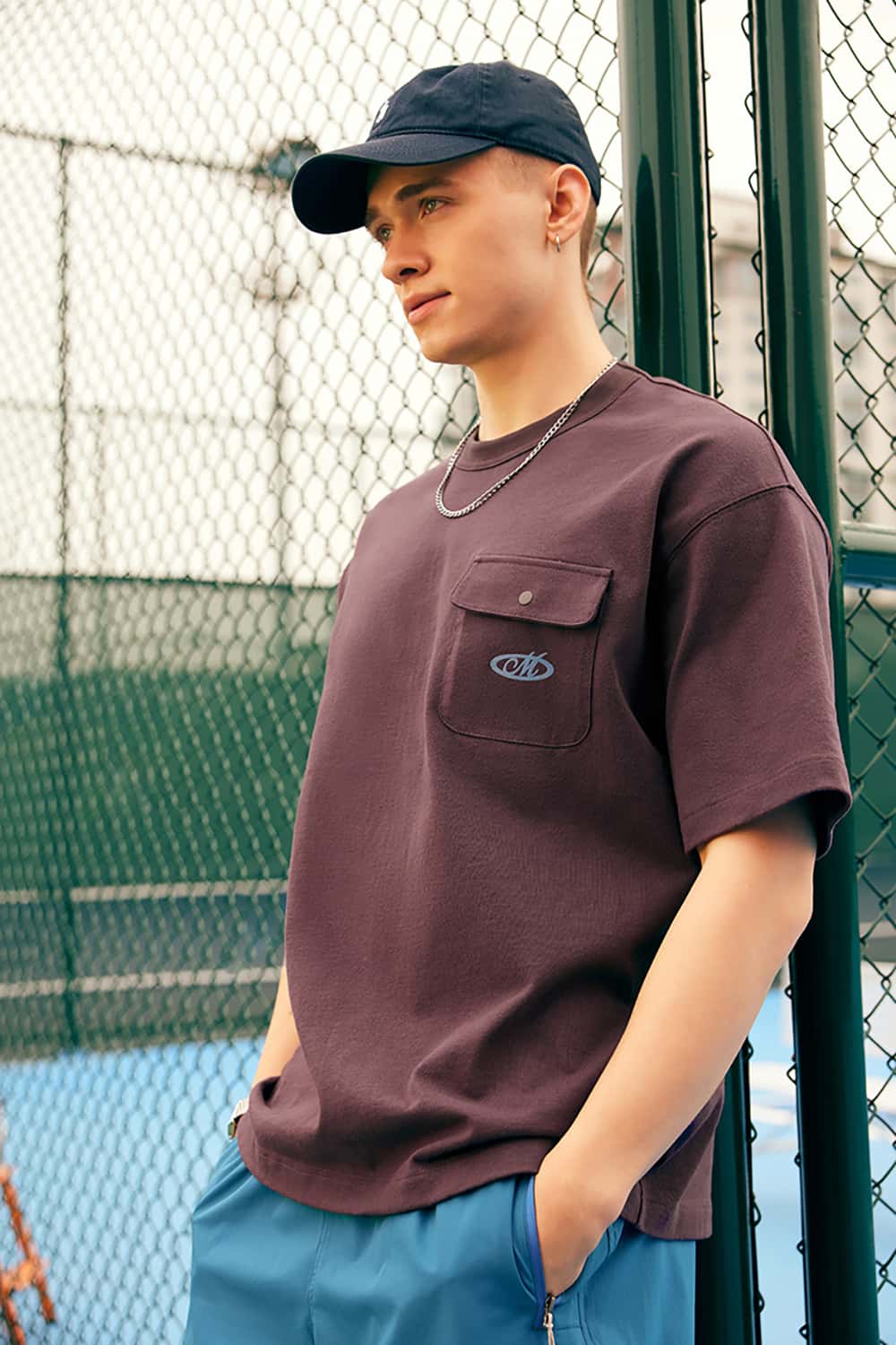Vintage Heavyweight Pocket Flock Print T-Shirt - Loose Fit Short Sleeve