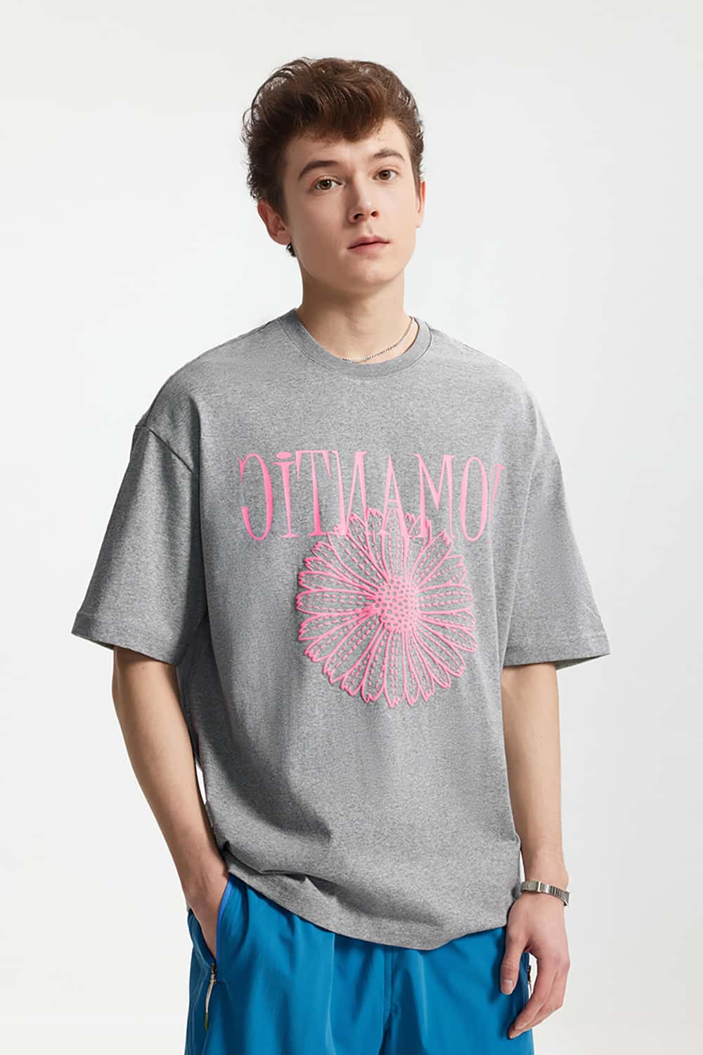 Foam Daisy Print T-Shirt - Loose Fit Graphic Base Layer Short Sleeve