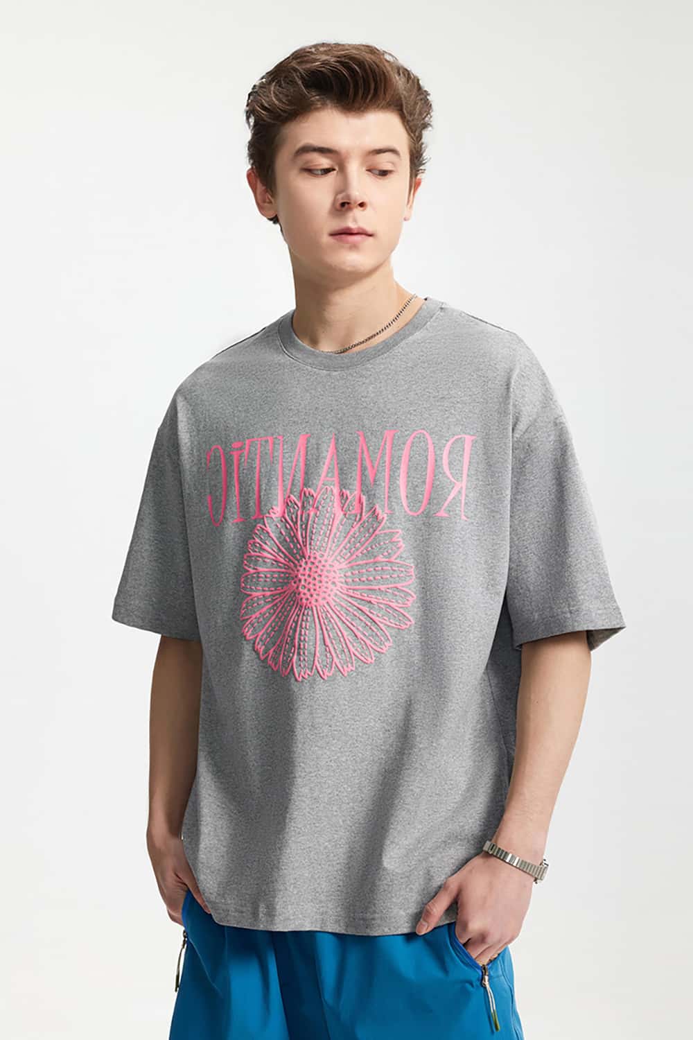 Foam Daisy Print T-Shirt - Loose Fit Graphic Base Layer Short Sleeve