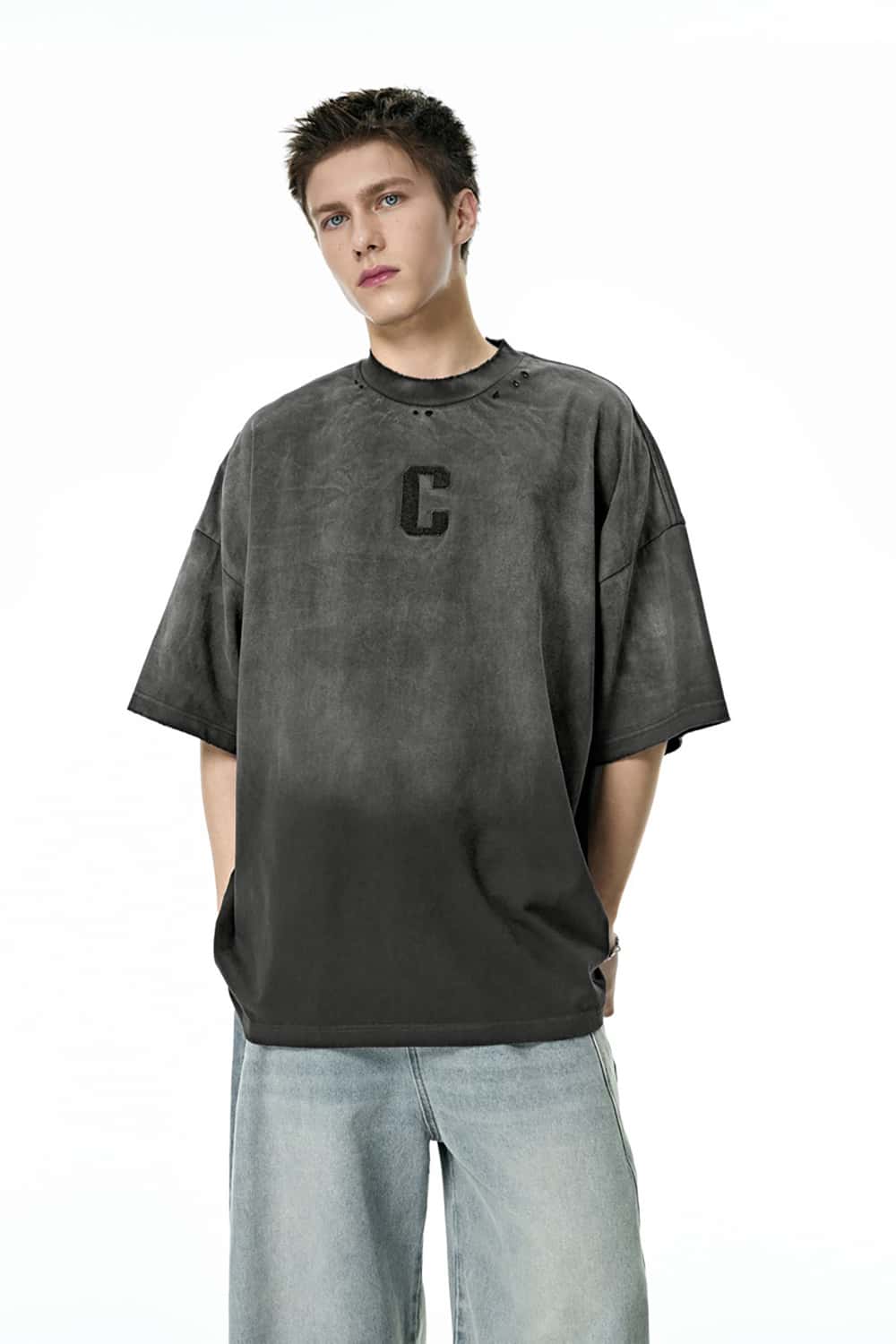 Gradient Wash Letter Embroidery T-Shirt - Heavyweight Streetwear Short Sleeve