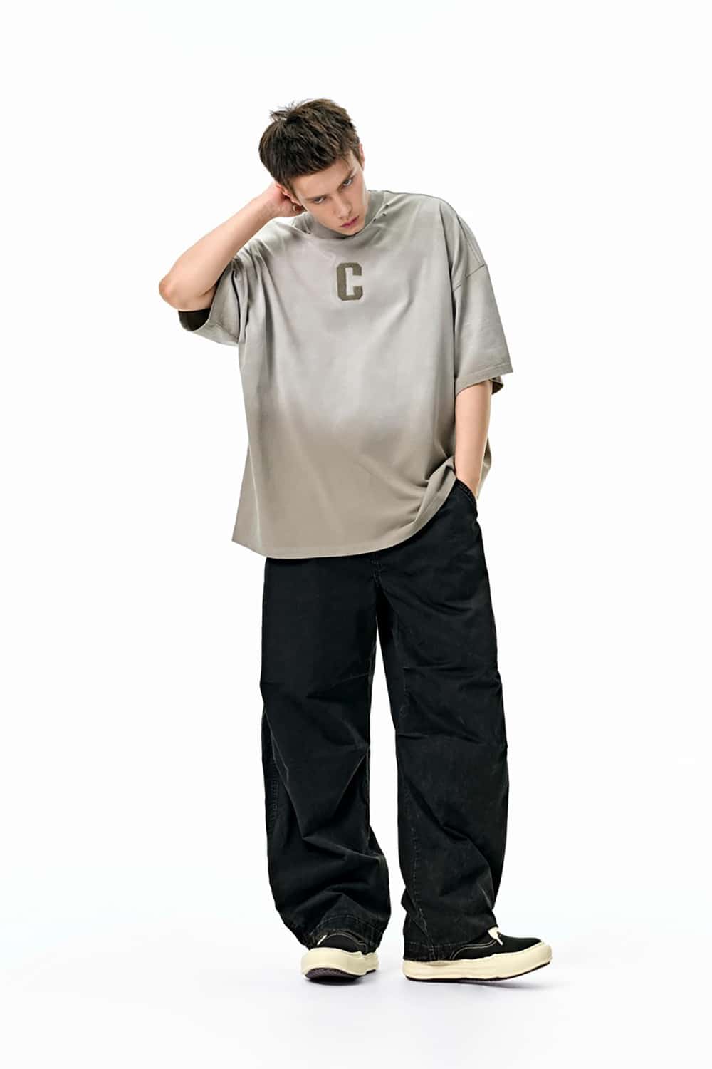 Gradient Wash Letter Embroidery T-Shirt - Heavyweight Streetwear Short Sleeve