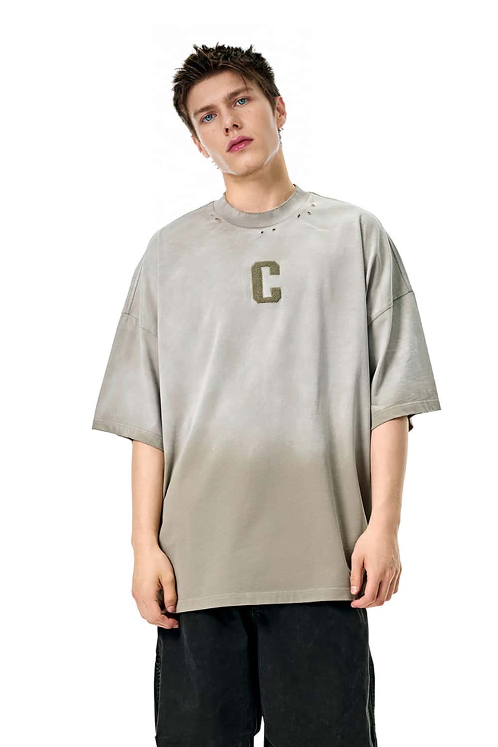 Gradient Wash Letter Embroidery T-Shirt - Heavyweight Streetwear Short Sleeve