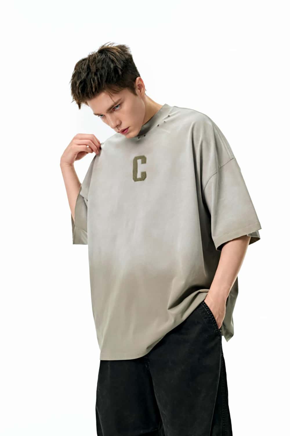 Gradient Wash Letter Embroidery T-Shirt - Heavyweight Streetwear Short Sleeve