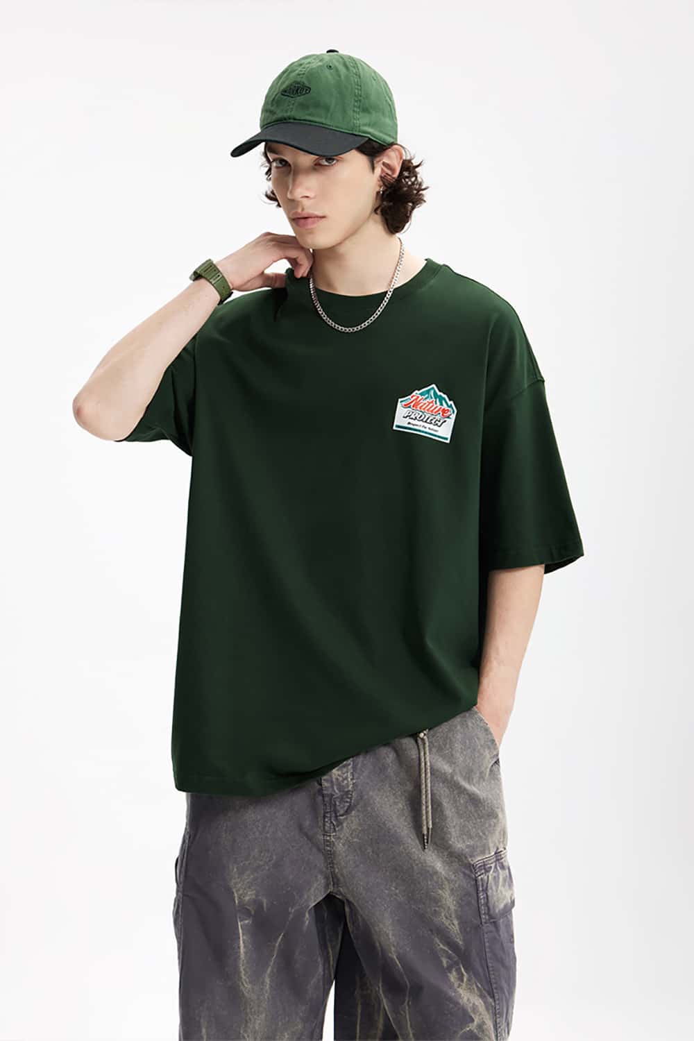 Heavyweight Thick Plate Print T-Shirt - Streetwear Loose Fit Short Sleeve