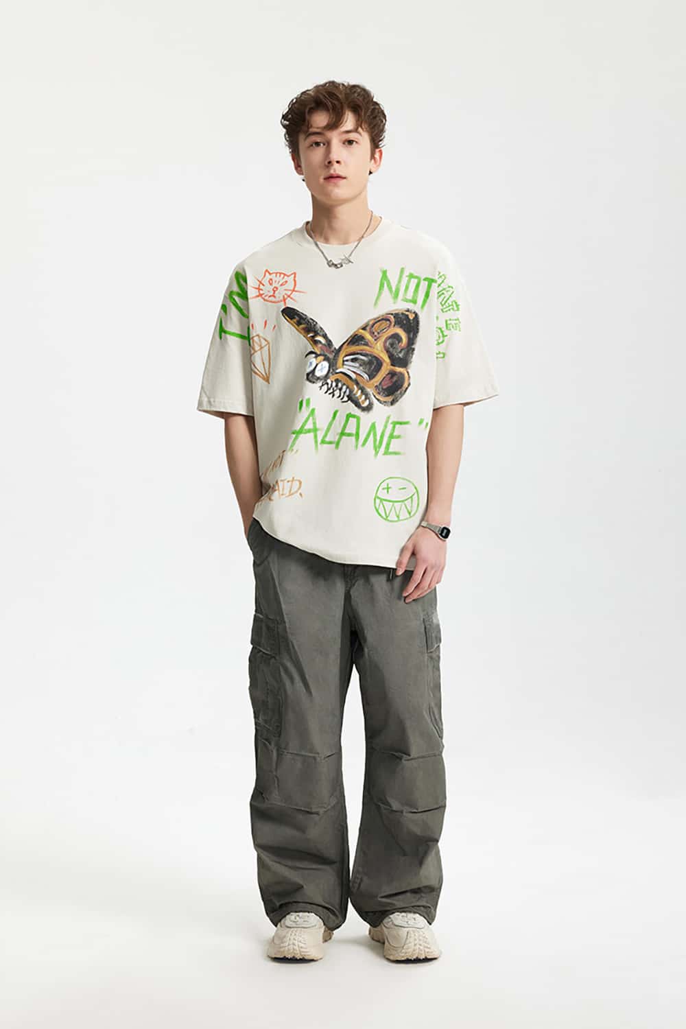 Full-Width Butterfly Print T-Shirt - Streetwear Loose Fit Personalized Short Sleeve Top