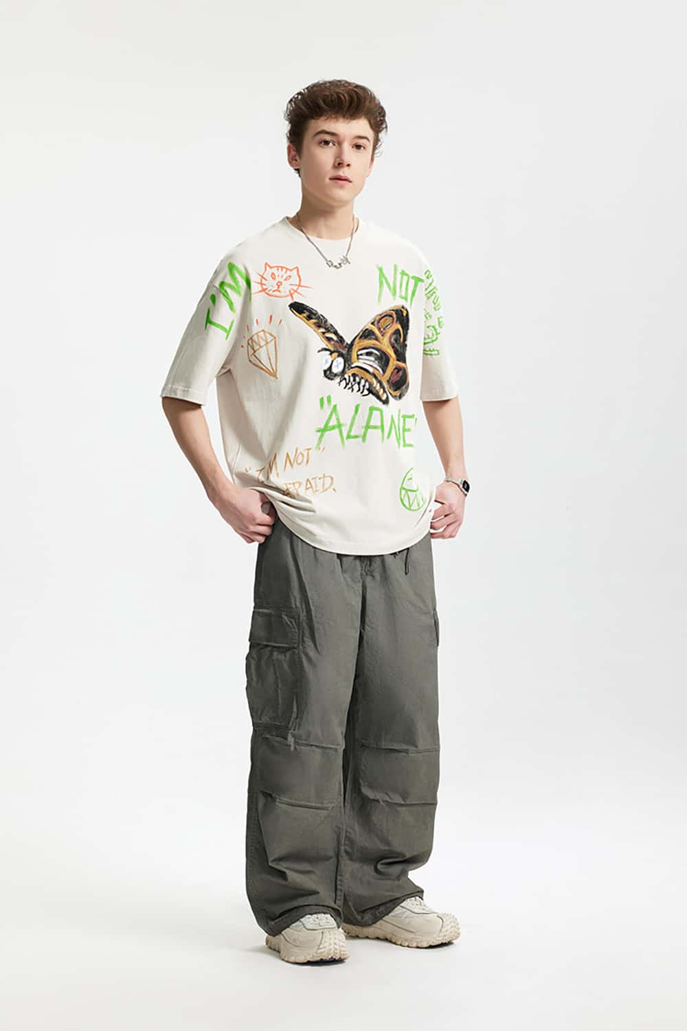 Full-Width Butterfly Print T-Shirt - Streetwear Loose Fit Personalized Short Sleeve Top