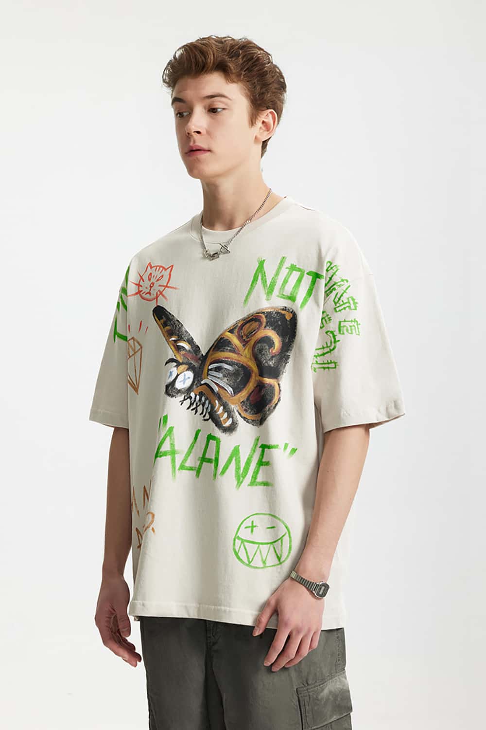 Full-Width Butterfly Print T-Shirt - Streetwear Loose Fit Personalized Short Sleeve Top