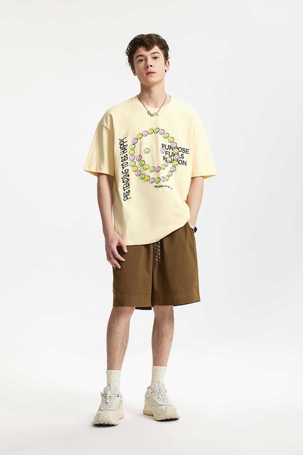 Smiley Face Cracked Print T-Shirt - Loose Fit Personalized Short Sleeve