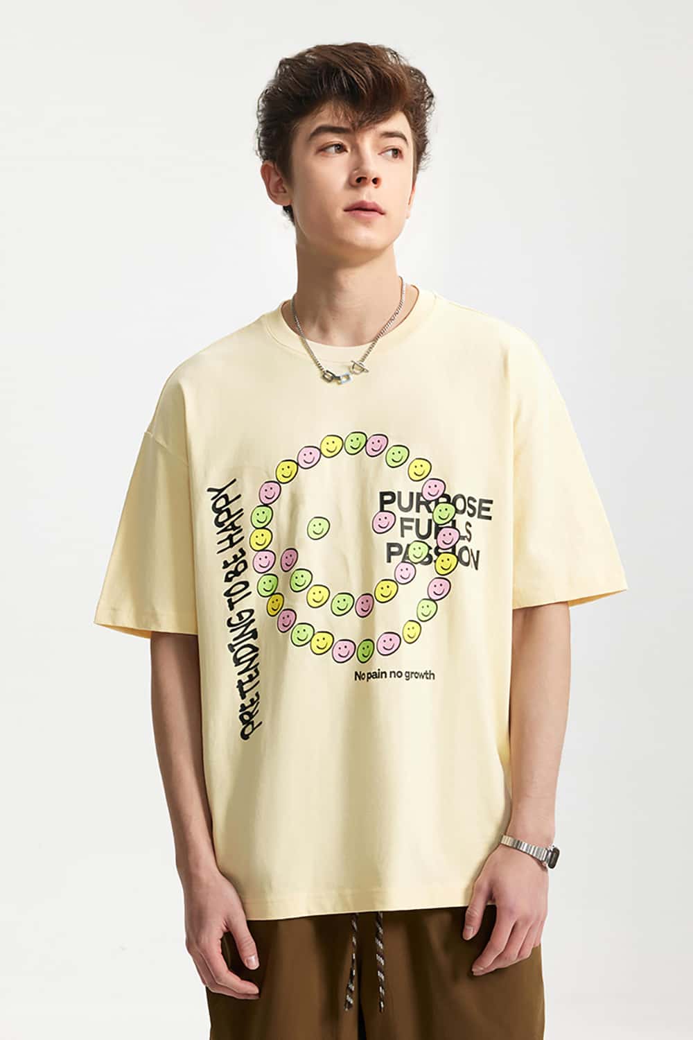 Smiley Face Cracked Print T-Shirt - Loose Fit Personalized Short Sleeve