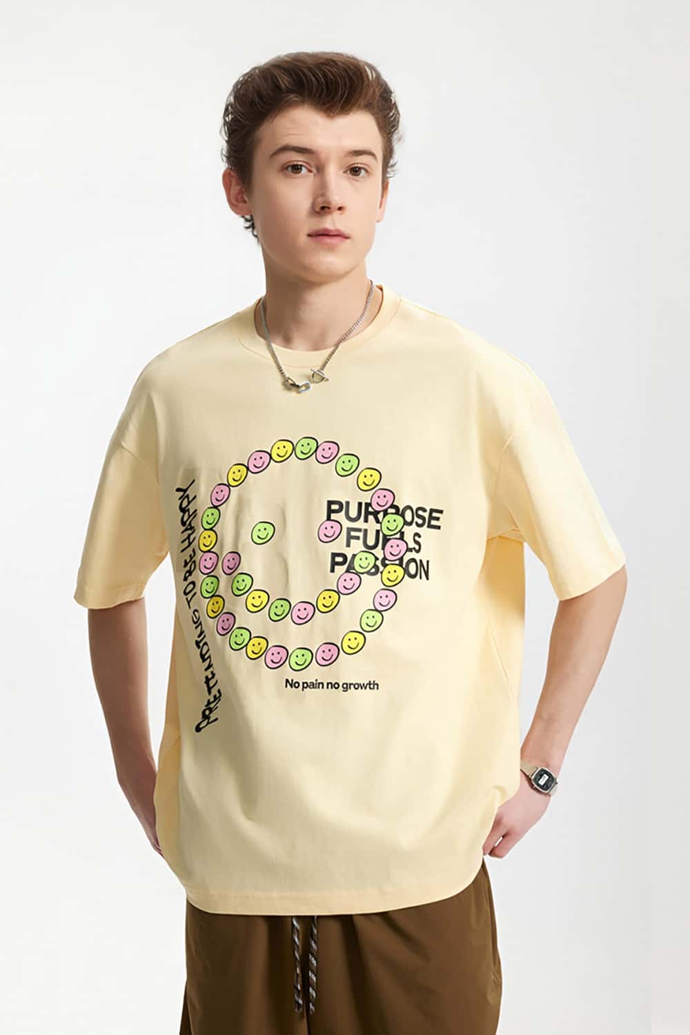 Smiley Face Cracked Print T-Shirt - Loose Fit Personalized Short Sleeve