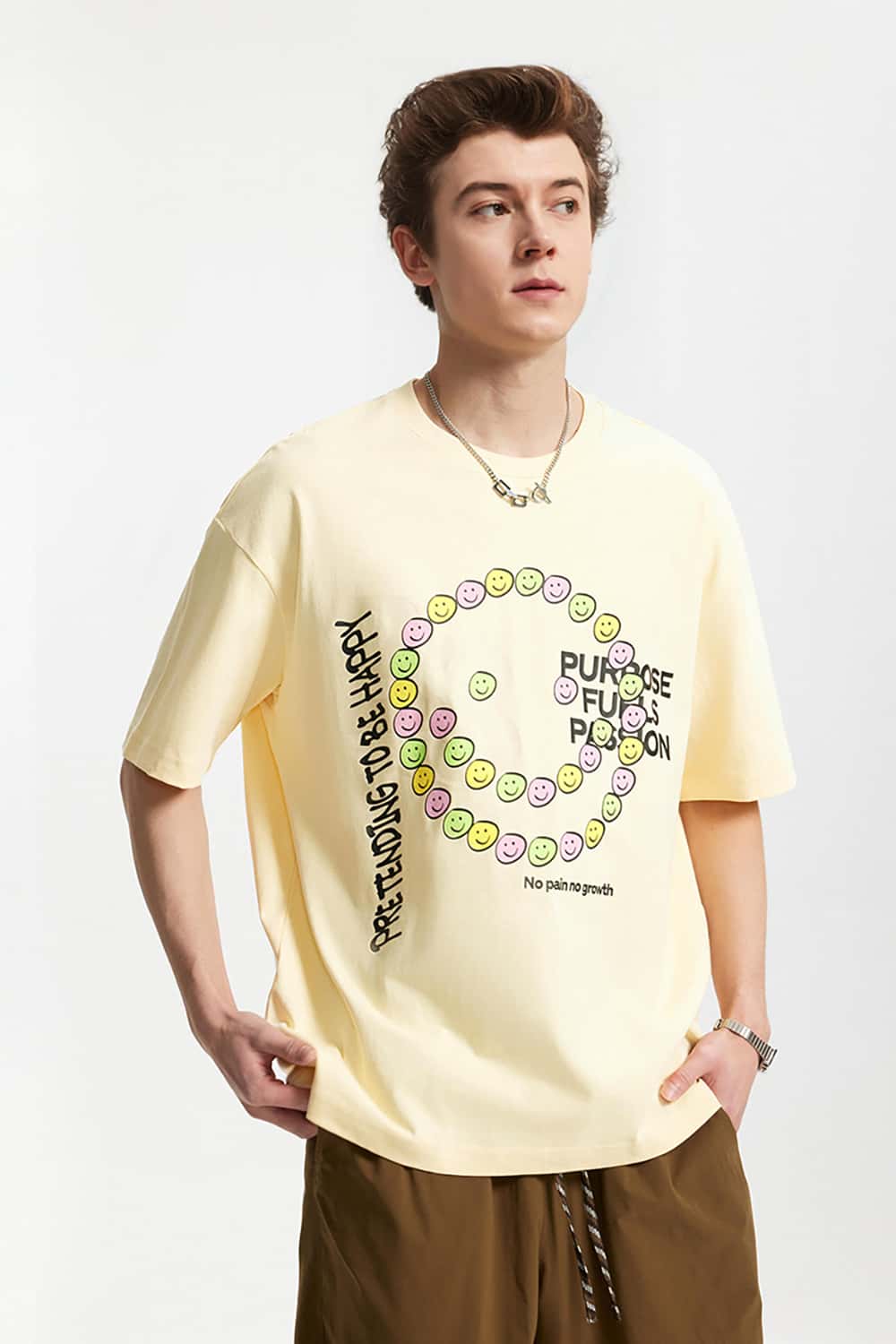Smiley Face Cracked Print T-Shirt - Loose Fit Personalized Short Sleeve