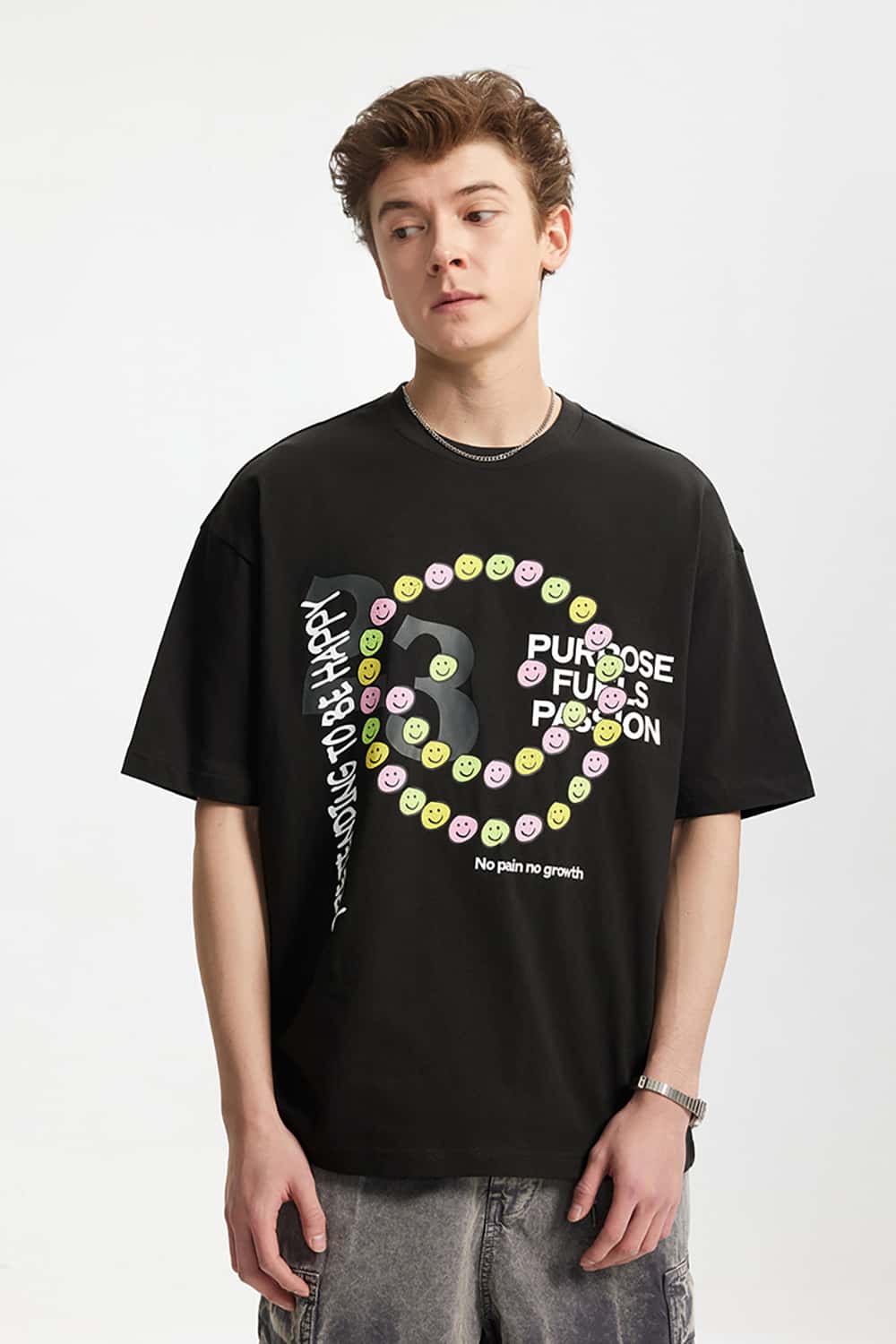 Smiley Face Cracked Print T-Shirt - Loose Fit Personalized Short Sleeve