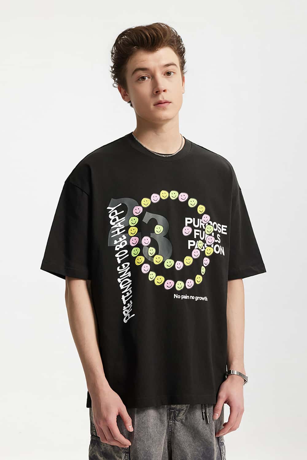 Smiley Face Cracked Print T-Shirt - Loose Fit Personalized Short Sleeve