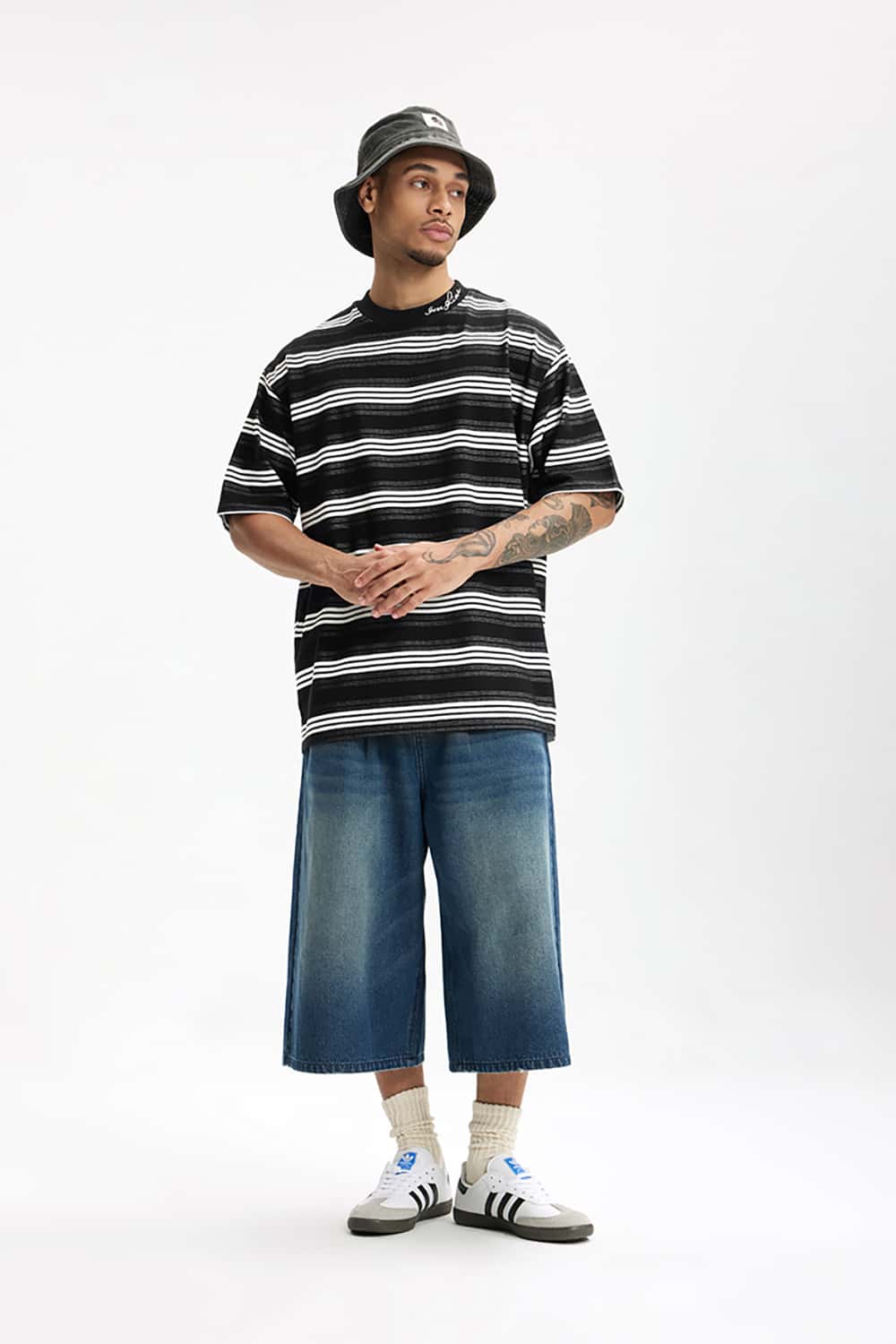 Fine Knit Striped T-Shirt - Casual Streetwear Loose Fit with Embroidery Short Sleeve
