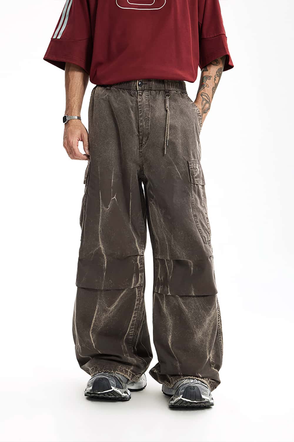 Wall Pattern Washed Cargo Pants - Streetwear Loose Casual Long Trousers