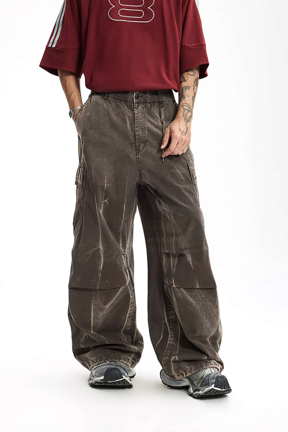 Wall Pattern Washed Cargo Pants - Streetwear Loose Casual Long Trousers