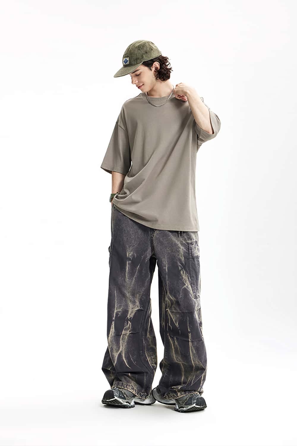 Wall Pattern Washed Cargo Pants - Streetwear Loose Casual Long Trousers