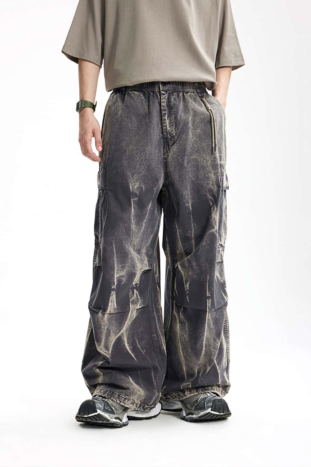Wall Pattern Washed Cargo Pants - Streetwear Loose Casual Long Trousers