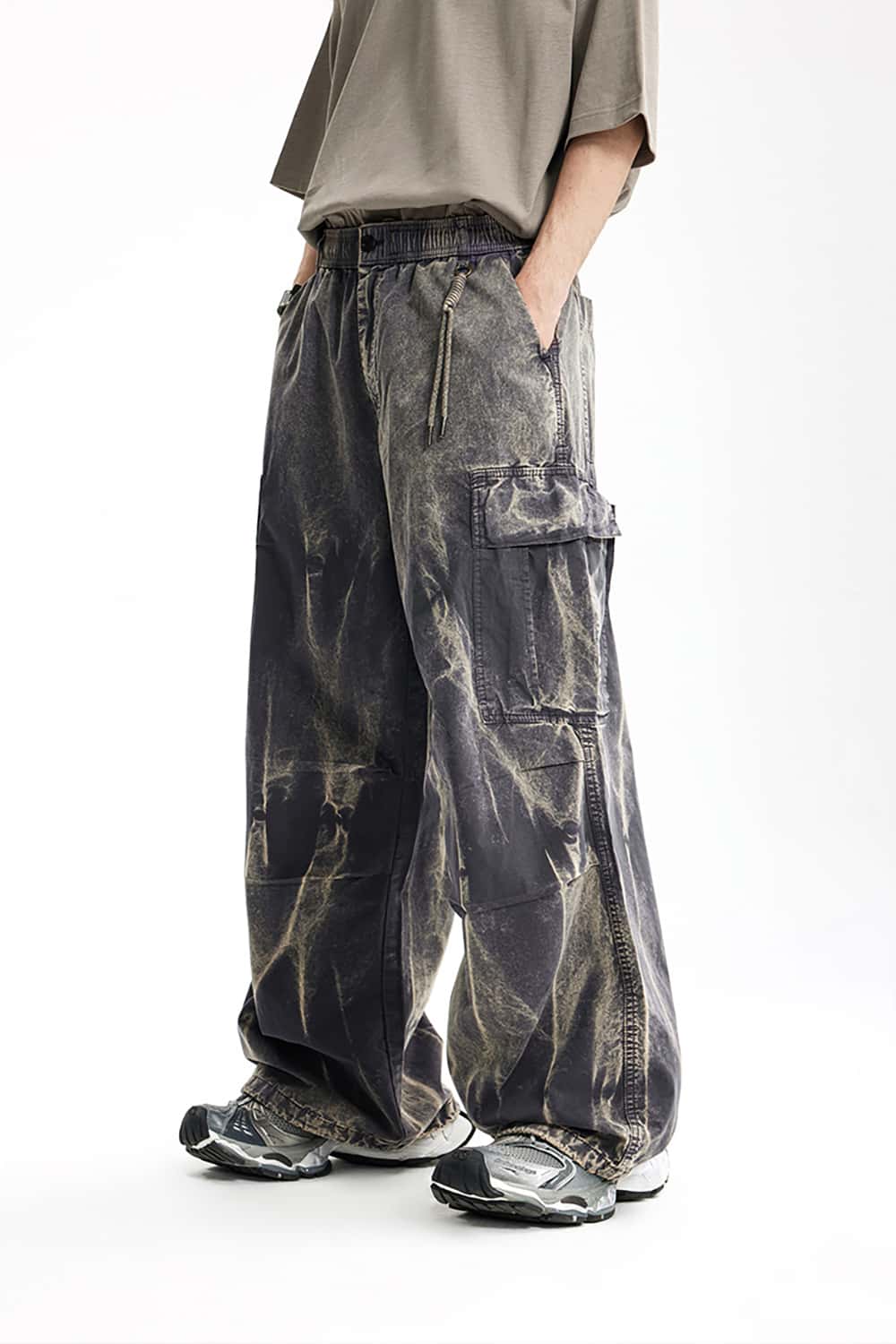 Wall Pattern Washed Cargo Pants - Streetwear Loose Casual Long Trousers