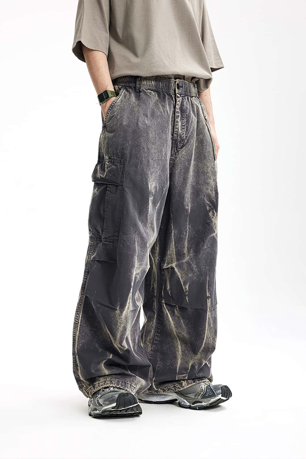Wall Pattern Washed Cargo Pants - Streetwear Loose Casual Long Trousers